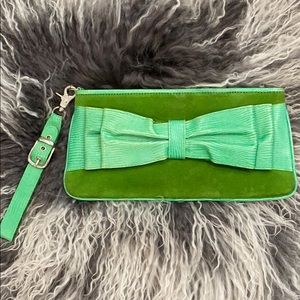 ***SALE***Isabella Fiore Green Suede Wristlet Clutch Bow Vintage Dandy